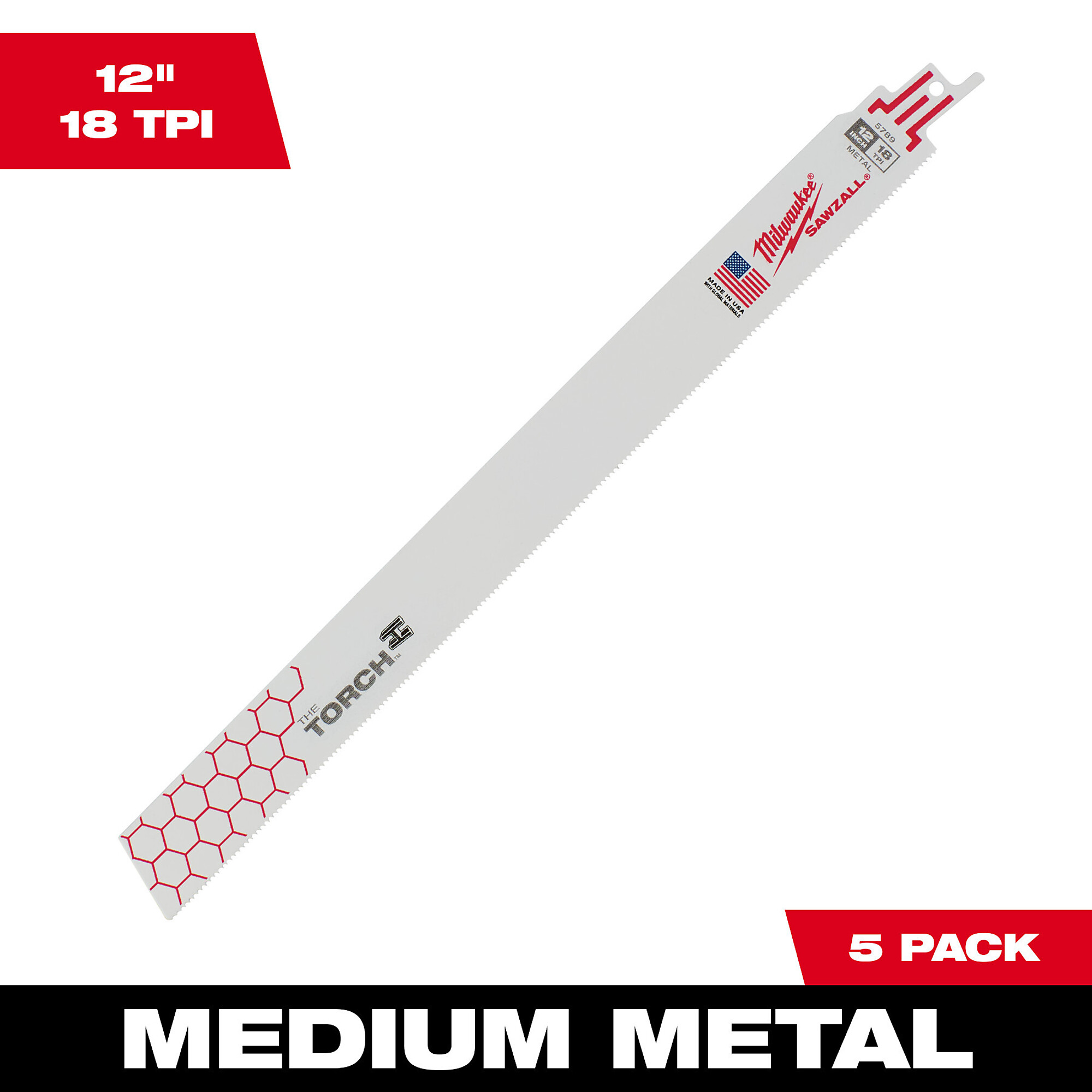 Milwaukee 12" 18 TPI TORCH™ SAWZALL® Blade for Medium Metal (5 PK), Model# 48-00-5789